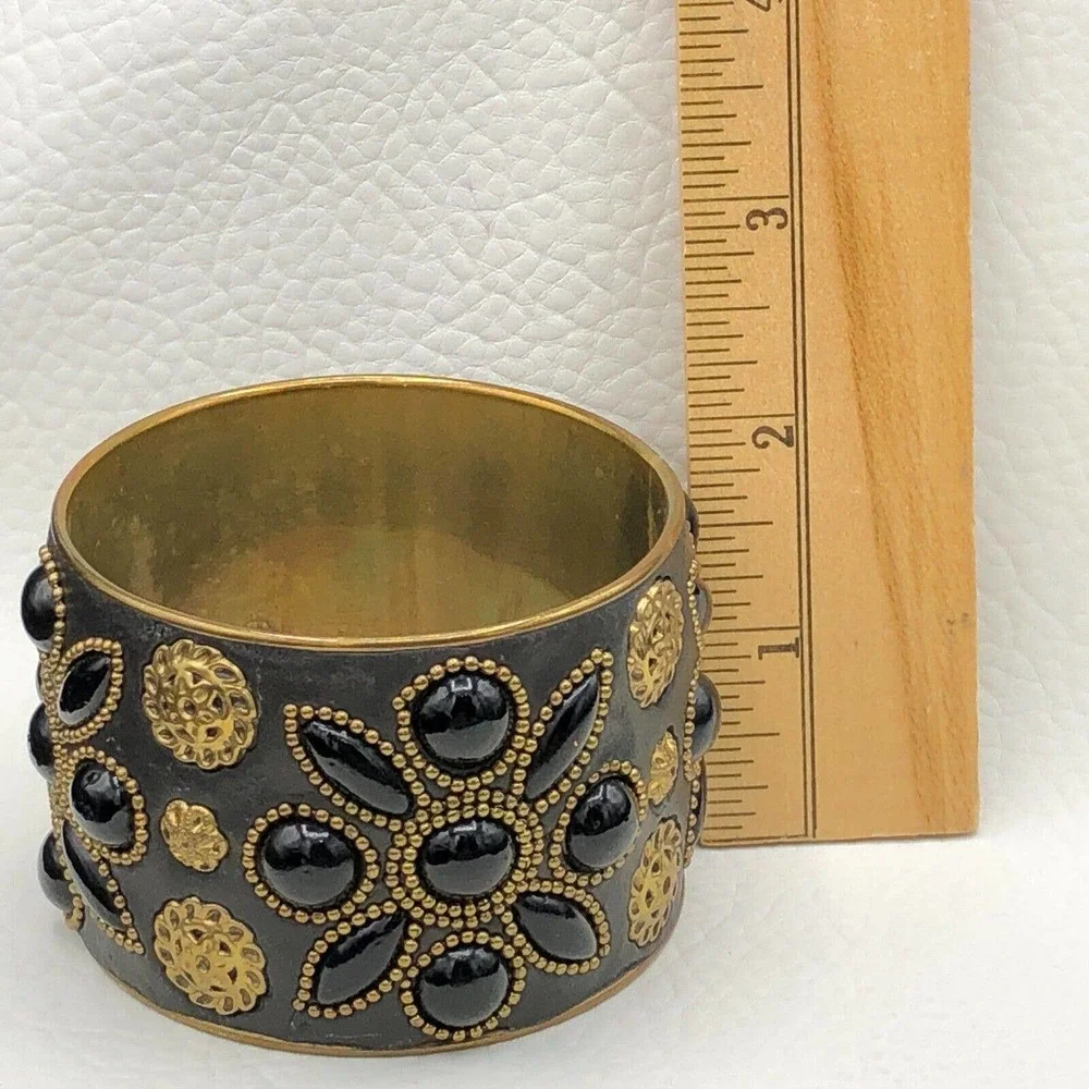 Handmade Artisan‎ Brass Floral Bracelet Ornamental Beads Black Resin Cuff Bangle